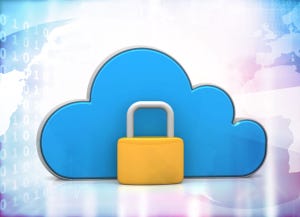 Blue cloud with yellow closed padlock on technology background