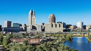 City skyline and the Cuyahoga River, Cleveland, Ohio