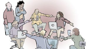 Caption contest for scene of workers seated in chairs in a circle with laptops. Everyone is pointing their figures at the next person, implying blame