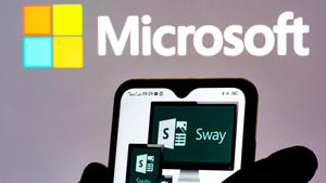 Microsoft Sway application open on a phone with the Microsoft logo on a wall in the background