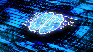 Digital-looking icon of a brain with the letters "AI" next to it all in blue with computer code in the background