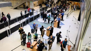 Airport passenger security line, awaiting TSA inspection in the Seattle-Tacoma International Airport