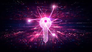 A digital pink key surrounded by lights moving around it and code floating throughout the background