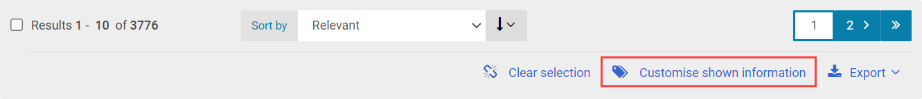 Screenshot showing how you can customise the shown information in a results list