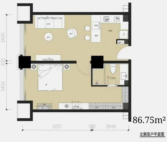 两室两厅一卫 80m²