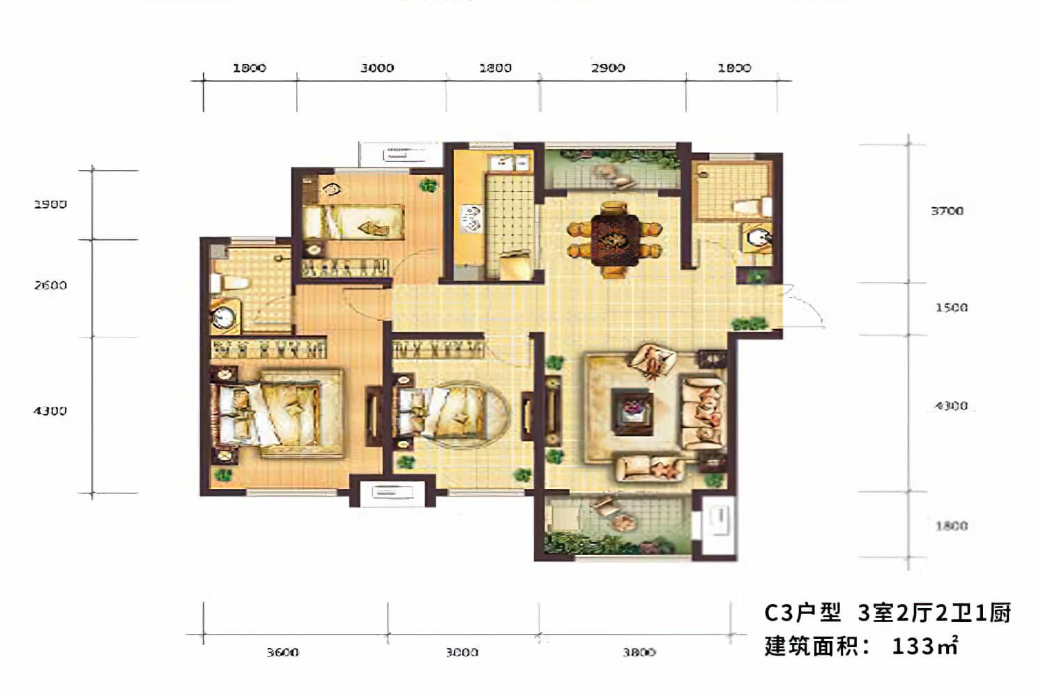 两室两厅一卫 80m²