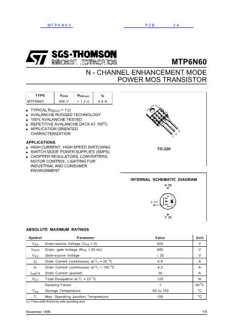 MTP6N60数据手册封面