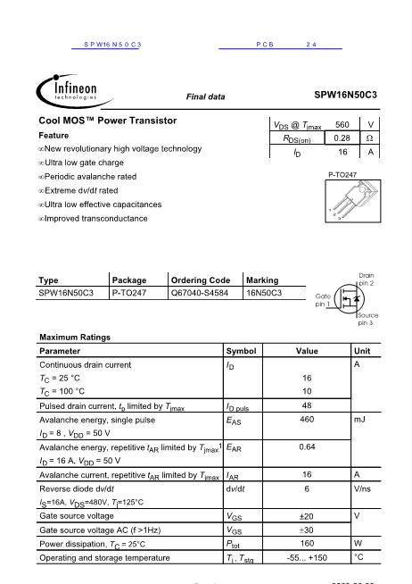 SPW16N50C3数据手册封面