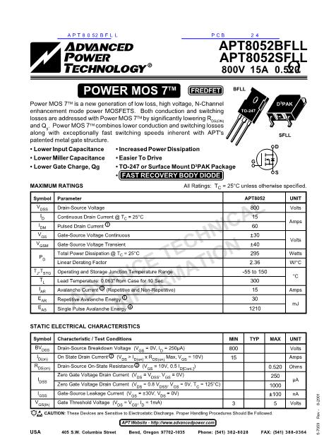 APT8052BFLL数据手册封面