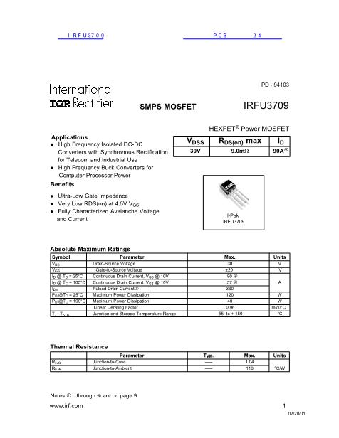IRFU3709数据手册封面