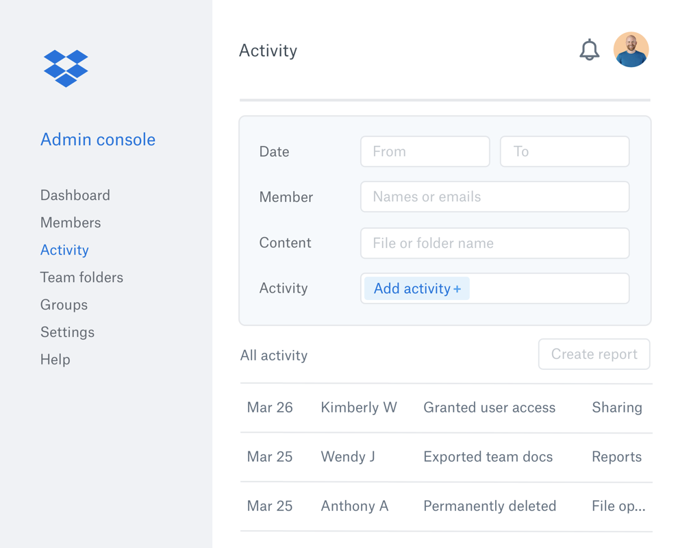 The Dropbox admin console with an example list of collaborator activity within a Dropbox team.