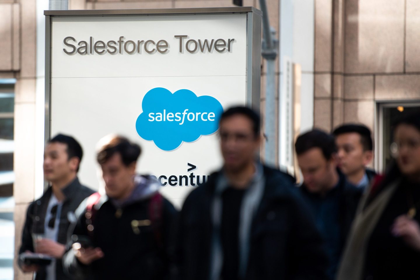 Pedestrians near Salesforce Tower in San Francisco, California, US, on Wednesday, Jan. 25, 2023. Hedge fund Elliott Investment Management has taken a substantial activist stake in Salesforce Inc., swooping in after layoffs and a deep stock swoon at the enterprise software giant. Photographer: Marlena Sloss/Bloomberg via Getty Images