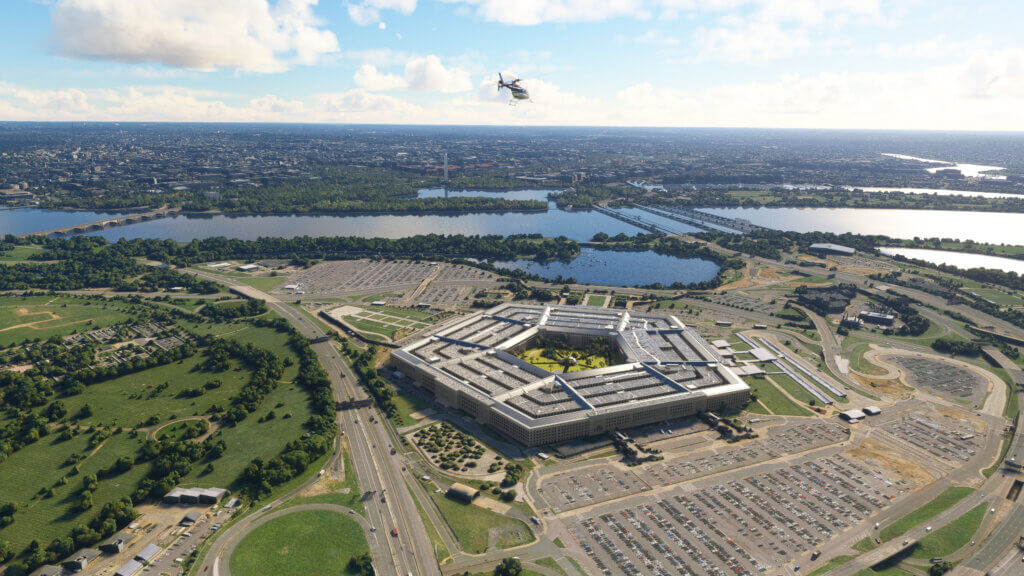 Helicopter flying over the Pentagon building