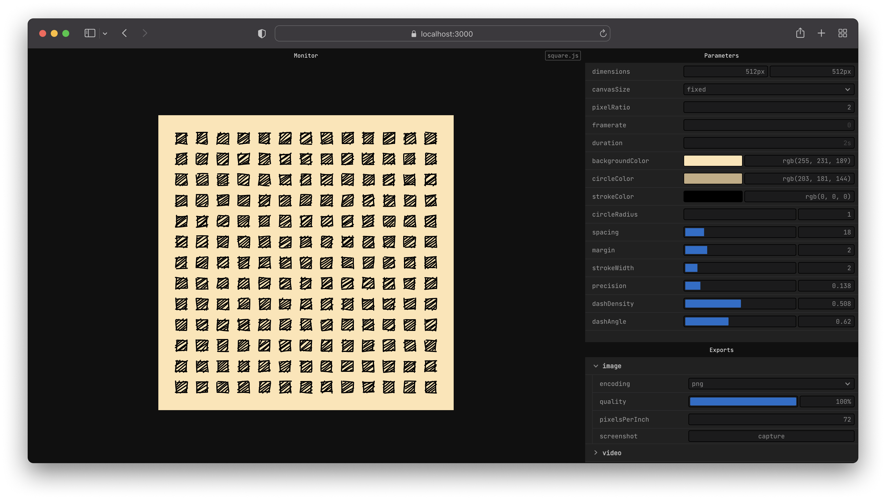 UI is splitted in two columns, the left one has a centered canvas displaying squares arranged in a grid, the right column contains various controls for colos, variables and exports