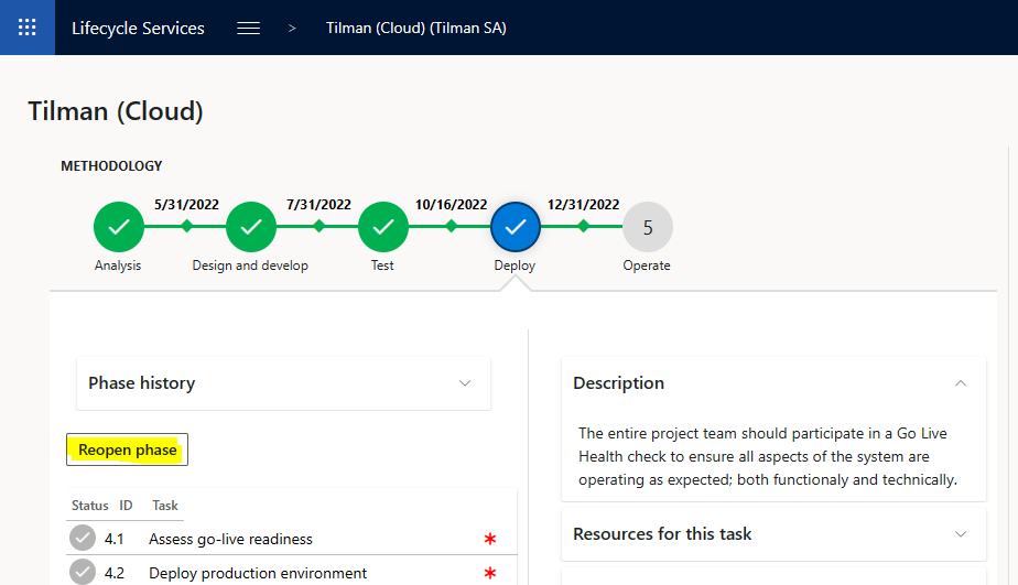 Screenshot of the Phase history and the Reopen phase button.