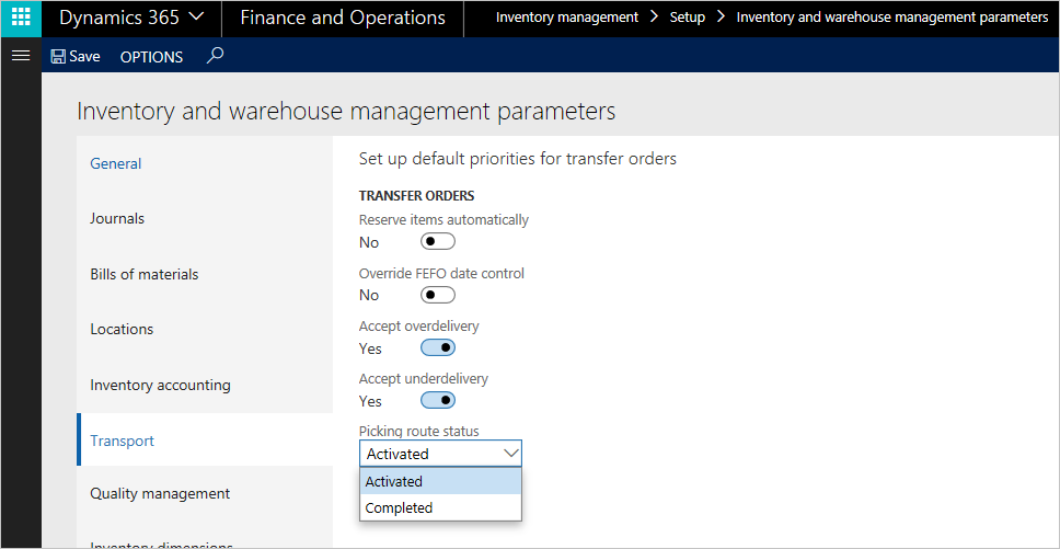 Picking route status field for transfer orders.