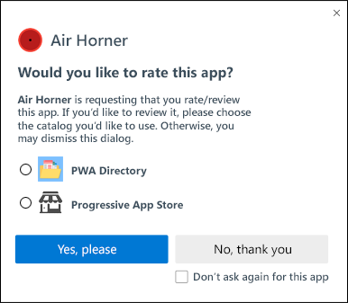 Hypothetical rating/review prompt offering to take users to one of two catalogs, dismiss the prompt for now, or deny the prompt entirely.