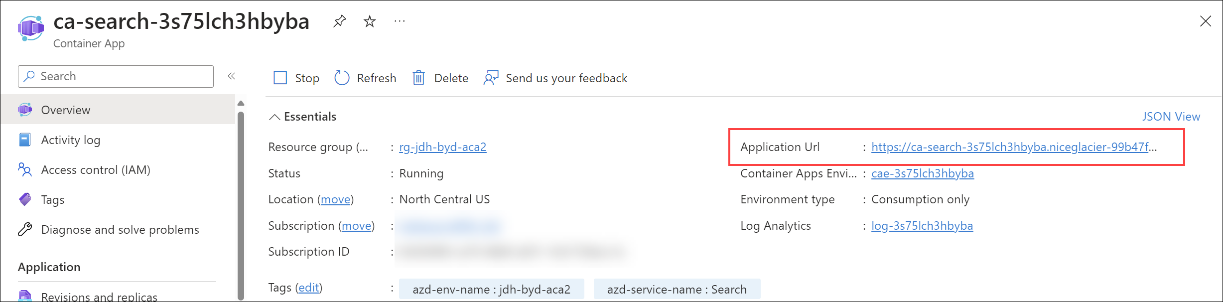 The Application Url is highlighted in the Search Azure Container App overview blade.