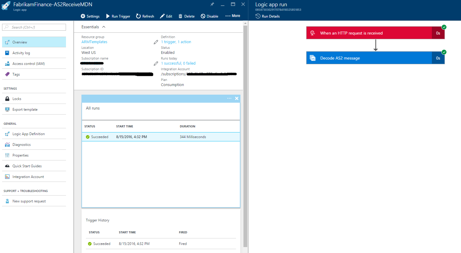 Screenshot that shows FabrikamFinance-AS2ReceiveMDN run history