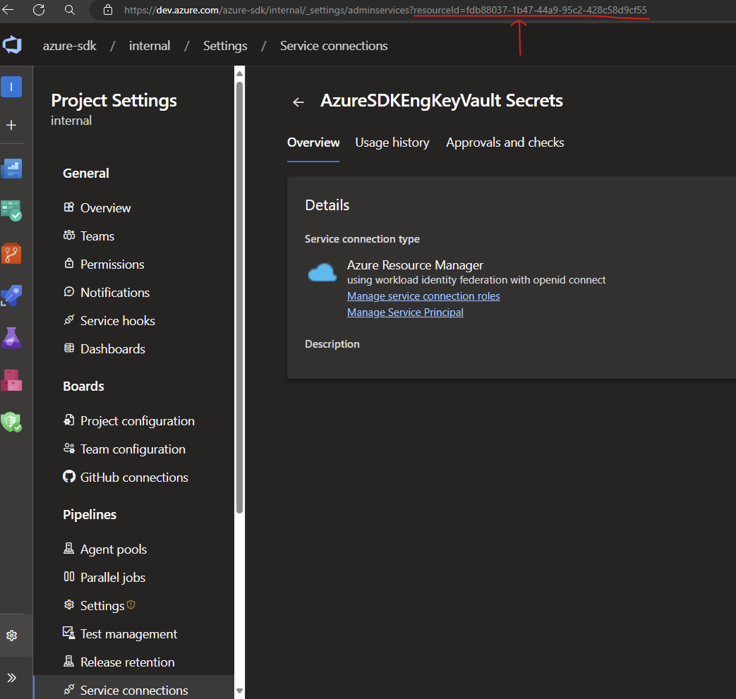 resourceId value, as found in the query string of the Azure Resource Manager service connection created in Azure Pipelines