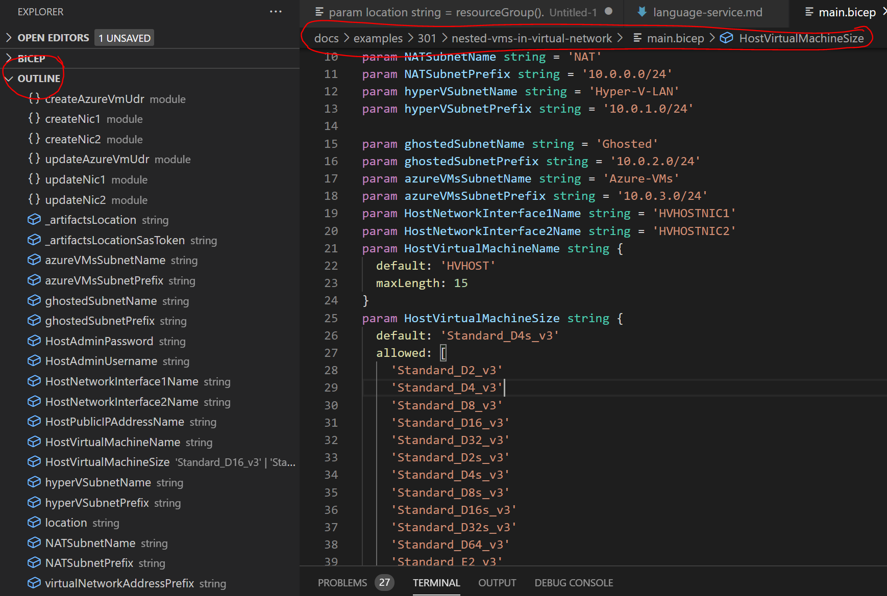 screenshot of vs code with the Outline panel and breadcrumb highlighted