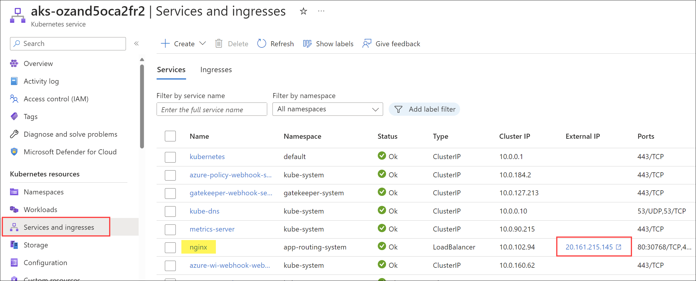 The external IP address of the LoadBalancer service is shown in the Services and Ingress blade of the AKS service.