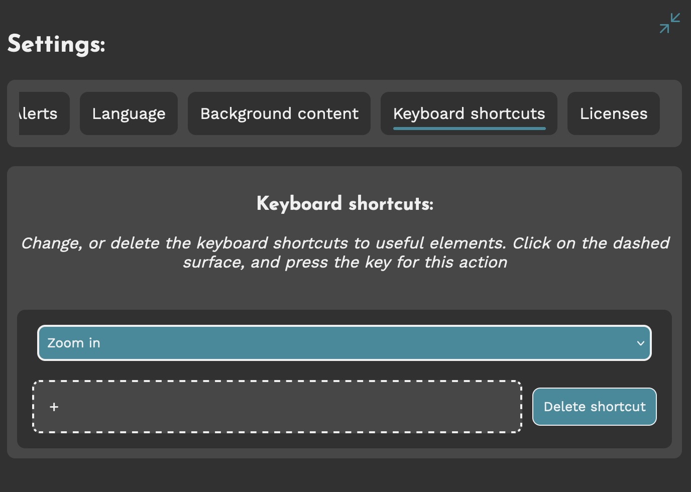 Keyboard shortcuts tab