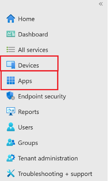 intune website left tabs