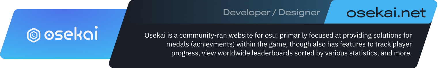 Osekai is a community-ran website for osu! primarily focused at providing solutions for medals (achievments) within the game, though also has features to track player progress, view worldwide leaderboards sorted by various statistics, and more.