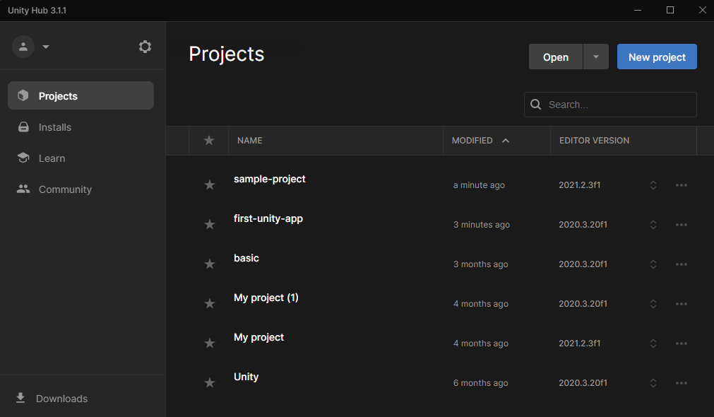 A screenshot of the Unity Hub.