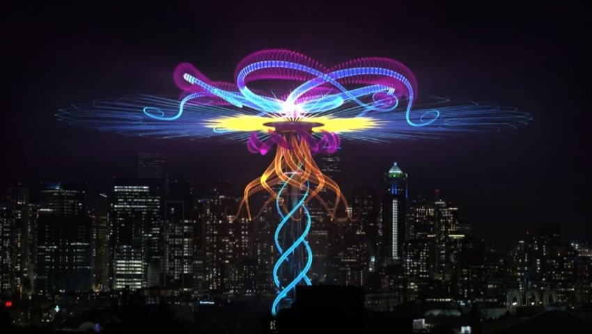 Augmented Reality light show around Seattle's Space Needle.