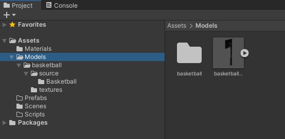 Screenshot of Unity's Project Window, showcasing the elements inside the Models folder.