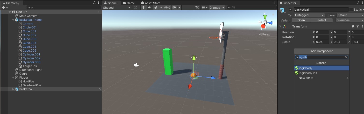 Screenshot of adding a rigid body to the basketball game object.