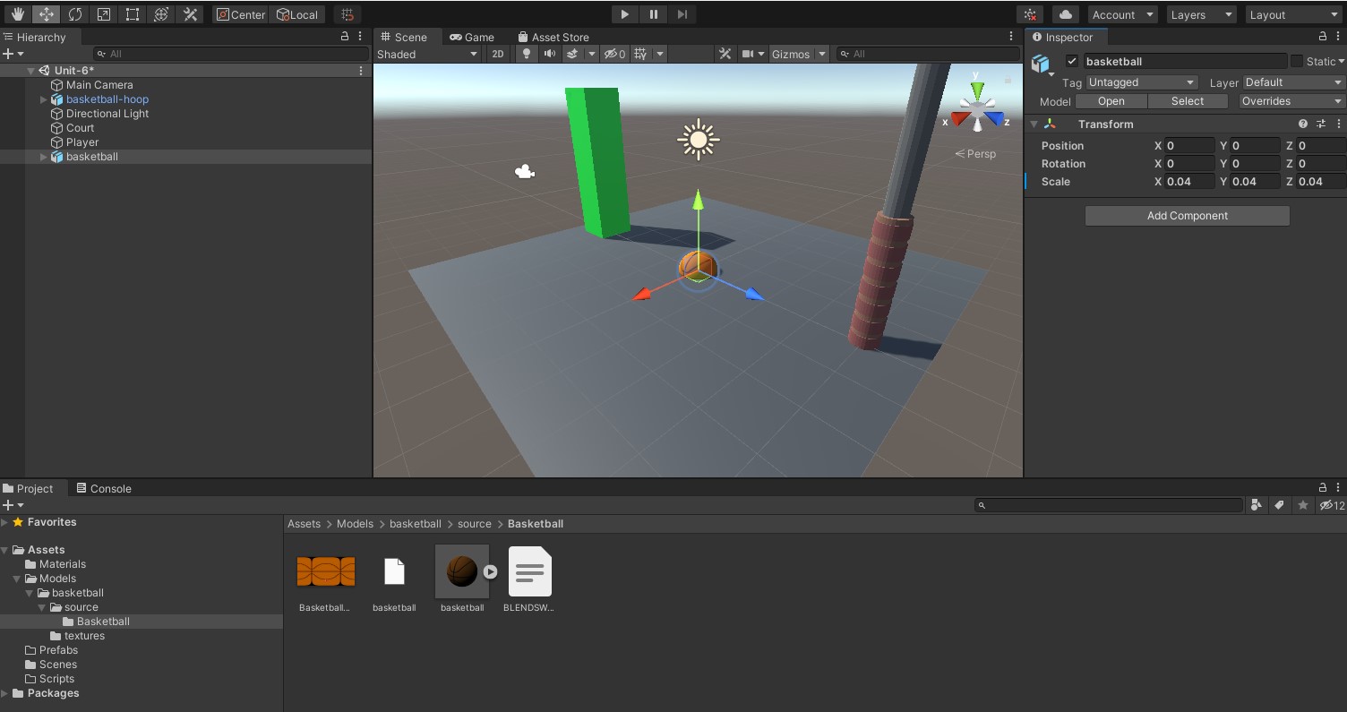 Screenshot showcasing a basketball model in Unity, placed in the center of a plane.