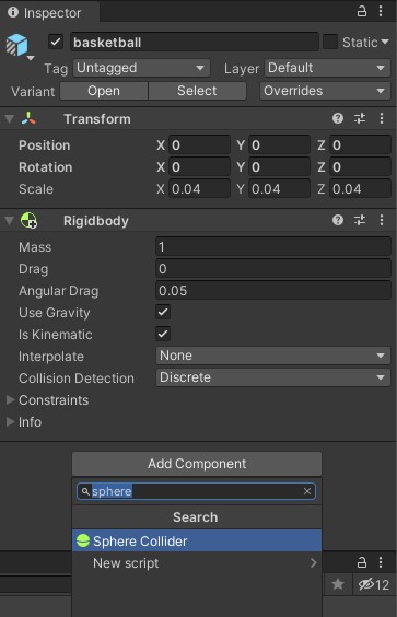 Sceenshot of the basketball game object properties.