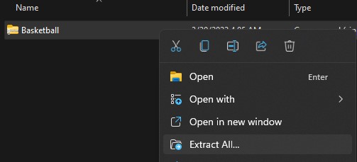 Screenshot of Windows Explorer, highlighting the extract all option in a compressed folder.