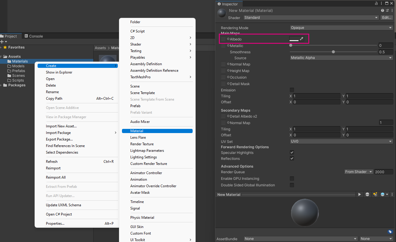 Screenshot of Unity's material creation and color choosing.