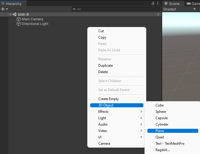 A screenshot of Unity's 3D Object creation options.