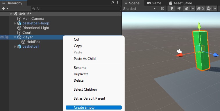 Screenshot of creating an empty game object.