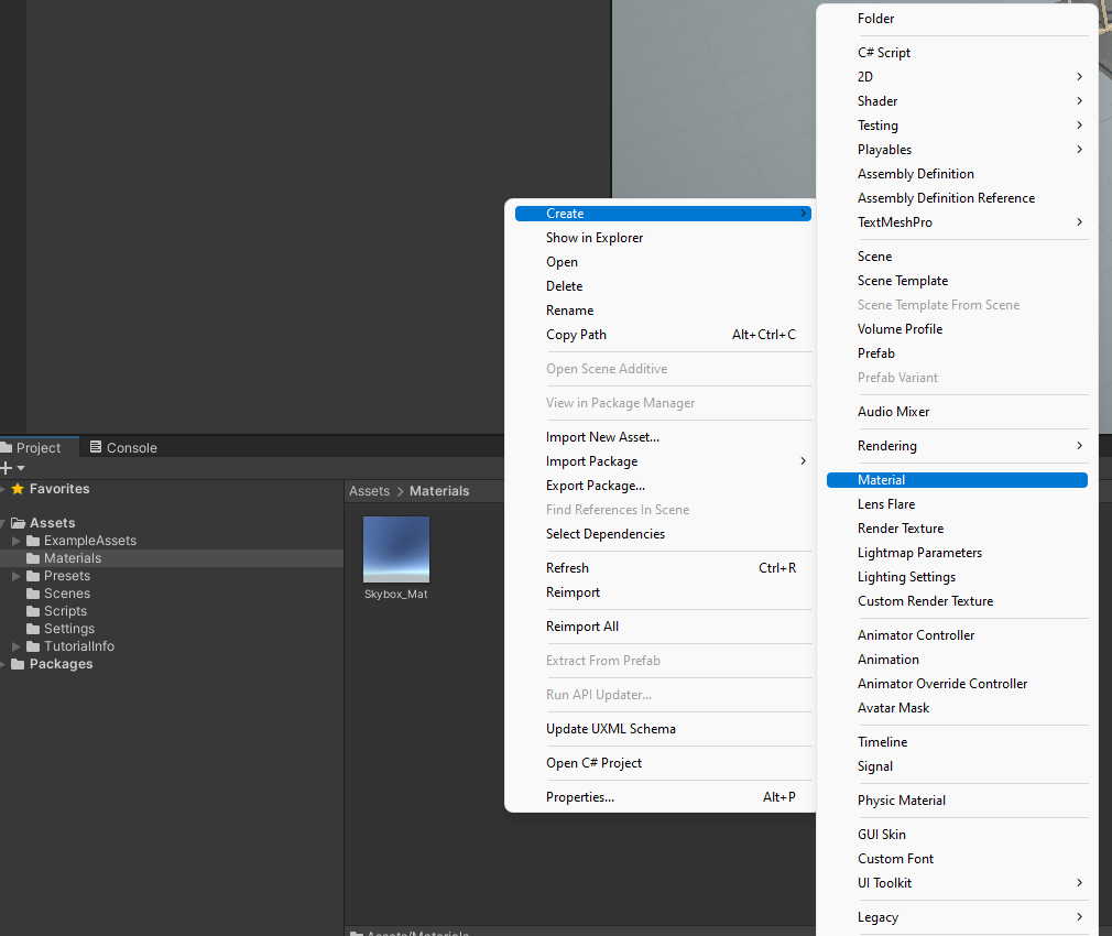 Screenshot of the steps to create a new material by right clicking on the Project Window.