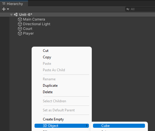 Screenshot of 3D Cube creation in Unity.