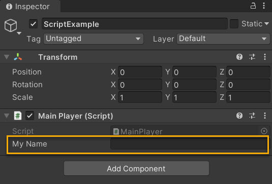 Screenshot of the Main Player script in the Inspector window. An editable field is visible for My Name.