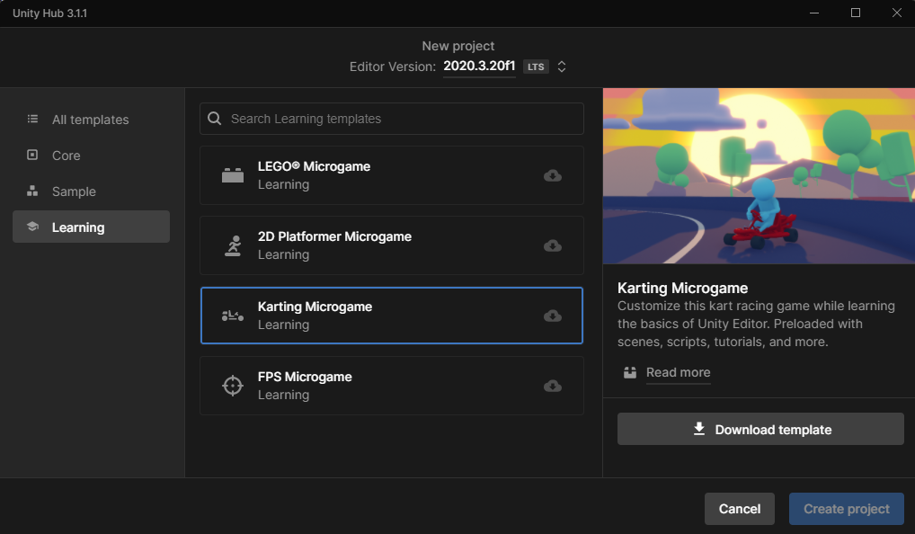 A screenshot of the Unity Hub, showcasing the Karting Microgame Learning Template.