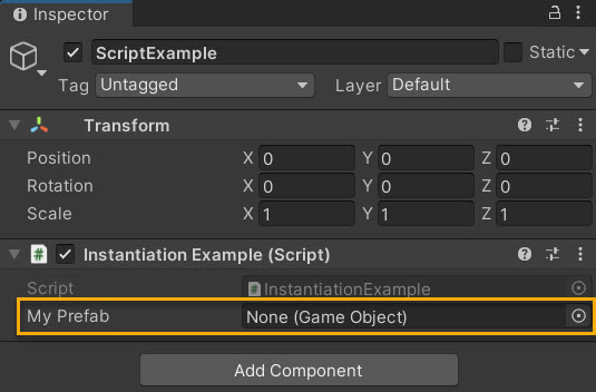 Screenshot of the Instantiation Example script in the Inspector window. A game object field is visible for My Prefab.