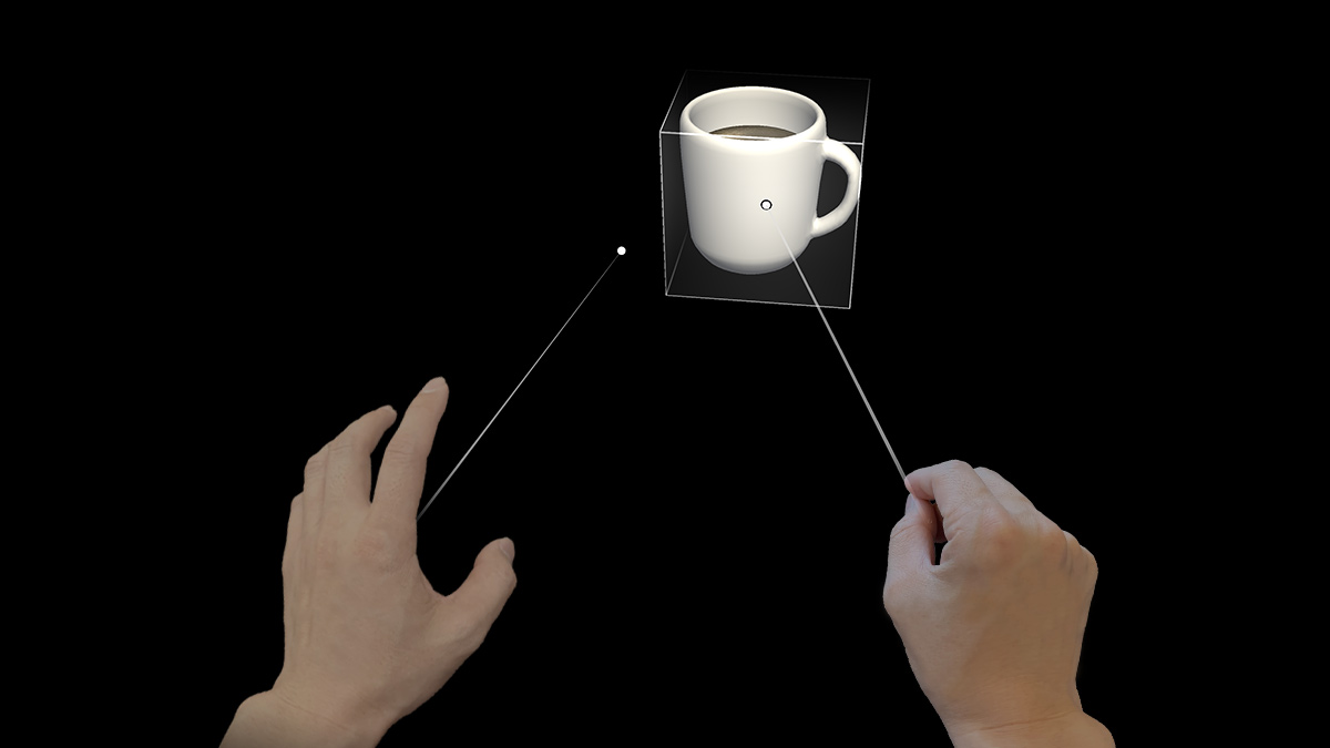 Hands using pointers to interact with a far digital model of a mug.