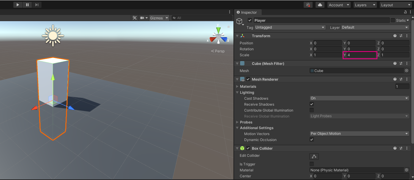 Screenshot of Unity's Transform changes to a previously created object.