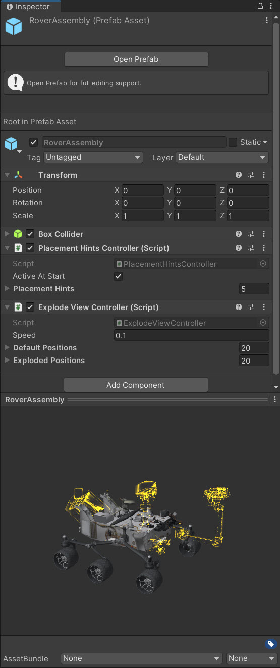 A screenshot of a rover Prefab properties.