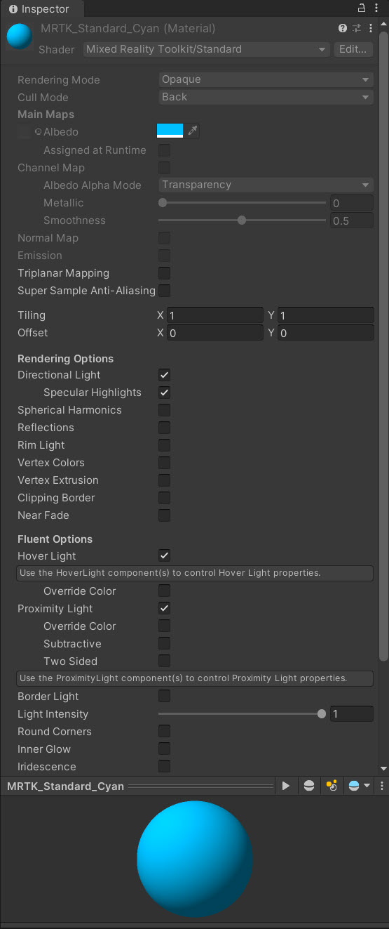 Screenshot of a Cyan material's properties.