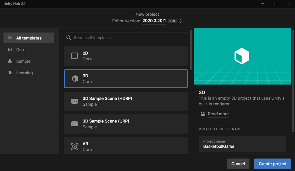 A screenshot of Unity Hub's template selection screen.