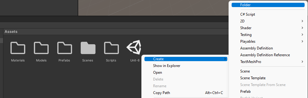 A screenshot of the folder creation process under Unity's Project window.